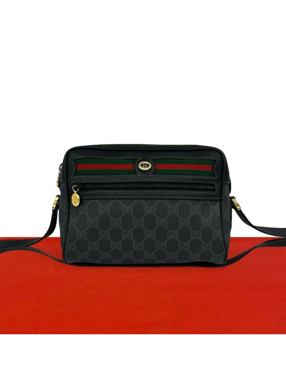 Gucci Vintage Sherry Line GG Pattern Logo Leather Shoulder Bag Black